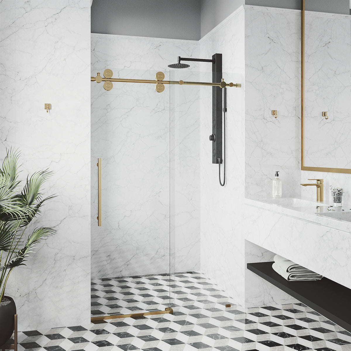 Elan 68-72 in. W x 74 in. H Frameless Sliding Shower Door in Matte Brushed Gold with 3/8 in. (10mm) Clear Glass and Elan 36 in. Linear Shower Drain
