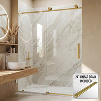 Elan 56 to 60 in. W x 76 in. H Frameless Sliding Shower Door and Elan 24 in. Linear Shower Drain in Matte Brushed Gold