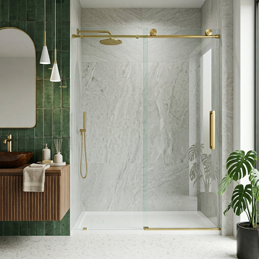 Elan 56 to 60 in. W x 76 in. H Frameless Sliding Shower Door and Elan 24 in. Linear Shower Drain in Matte Brushed Gold