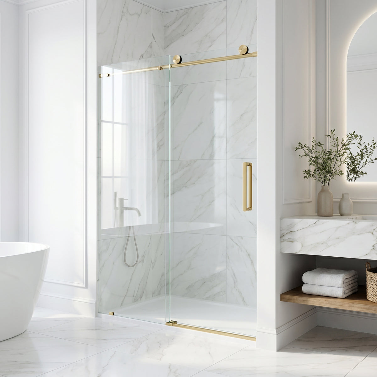 Elan 56 to 60 in. W x 76 in. H Frameless Sliding Shower Door and Elan 24 in. Linear Shower Drain in Matte Brushed Gold
