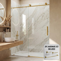 Elan 56 to 60 in. W x 76 in. H Frameless Sliding Shower Door and Satro 3-Piece Bath Hardware Set in Matte Brushed Gold