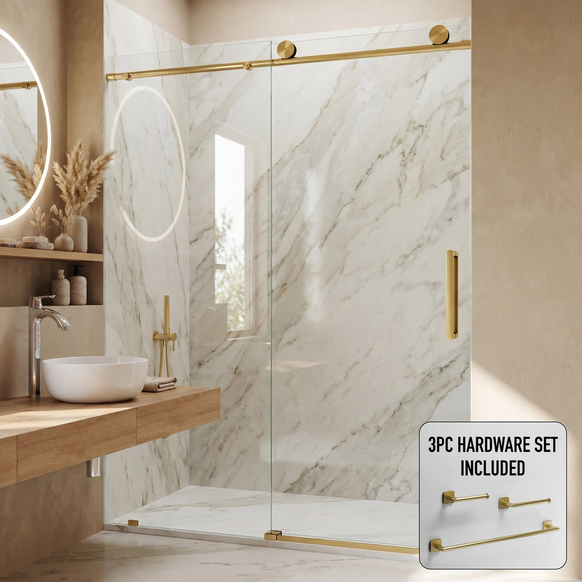 Elan 56 to 60 in. W x 76 in. H Frameless Sliding Shower Door and Satro 3-Piece Bath Hardware Set in Matte Brushed Gold