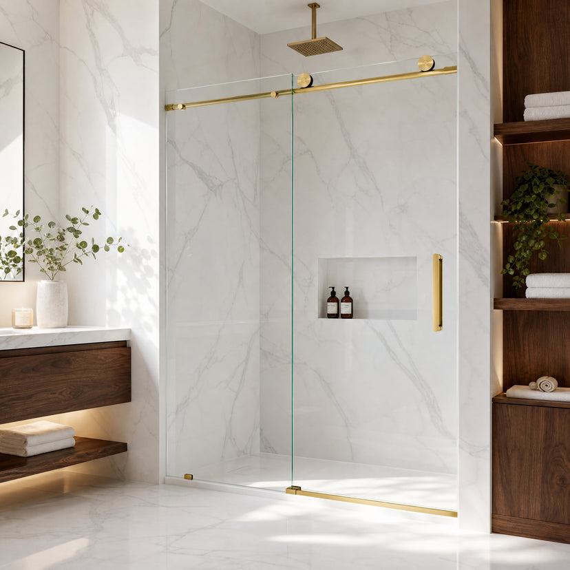 Elan 56 to 60 in. W x 76 in. H Frameless Sliding Shower Door and Satro 3-Piece Bath Hardware Set in Matte Brushed Gold