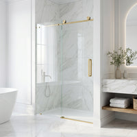 Elan 56 to 60 in. W x 76 in. H Frameless Sliding Shower Door and Satro 3-Piece Bath Hardware Set in Matte Brushed Gold
