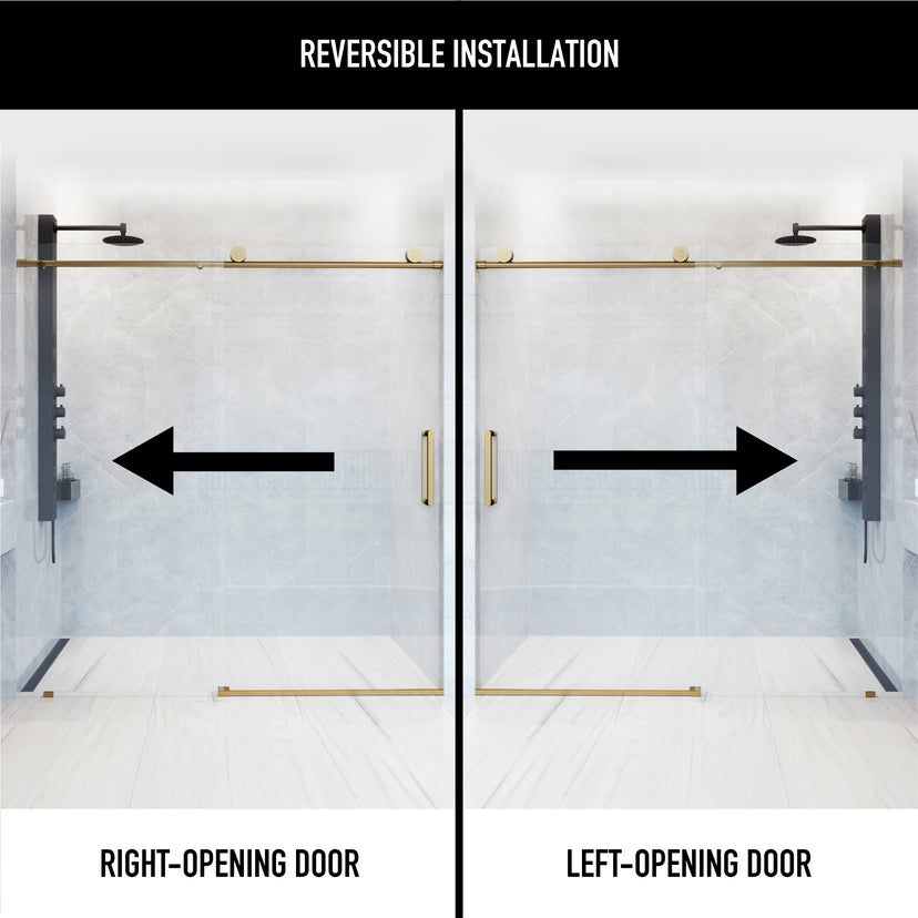 Elan 56 to 60 in. W x 76 in. H Frameless Sliding Shower Door and Satro 3-Piece Bath Hardware Set in Matte Brushed Gold
