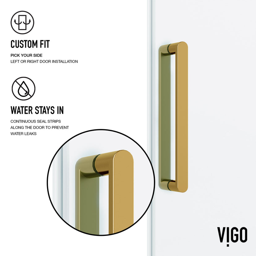 Elan 56 to 60 in. W x 76 in. H Frameless Sliding Shower Door and Satro 3-Piece Bath Hardware Set in Matte Brushed Gold