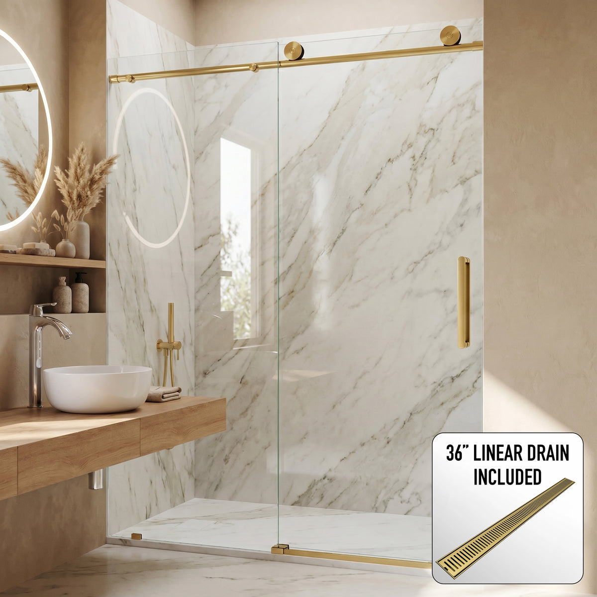 Elan Frameless Sliding Shower Door in Matte Brushed Gold with Elan 36 in. Linear Shower Drain