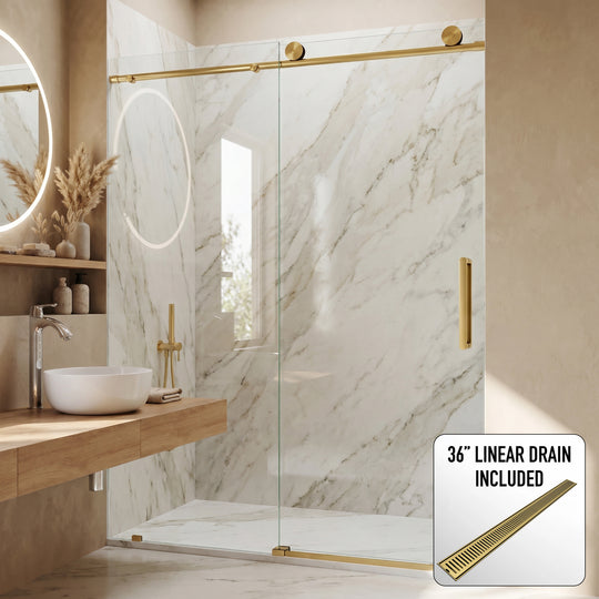Elan Frameless Sliding Shower Door in Matte Brushed Gold with Elan 36 in. Linear Shower Drain