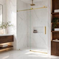 Elan Frameless Sliding Shower Door in Matte Brushed Gold with Elan 36 in. Linear Shower Drain