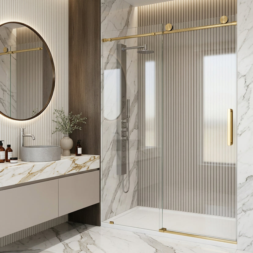 Elan Frameless Sliding Shower Door in Matte Brushed Gold with Elan 36 in. Linear Shower Drain