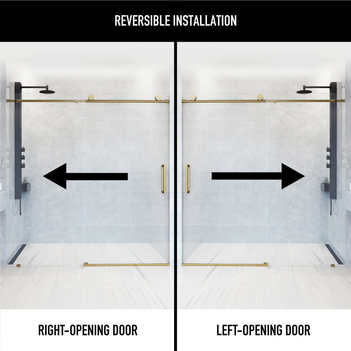 Elan Frameless Sliding Shower Door in Matte Brushed Gold with Elan 36 in. Linear Shower Drain