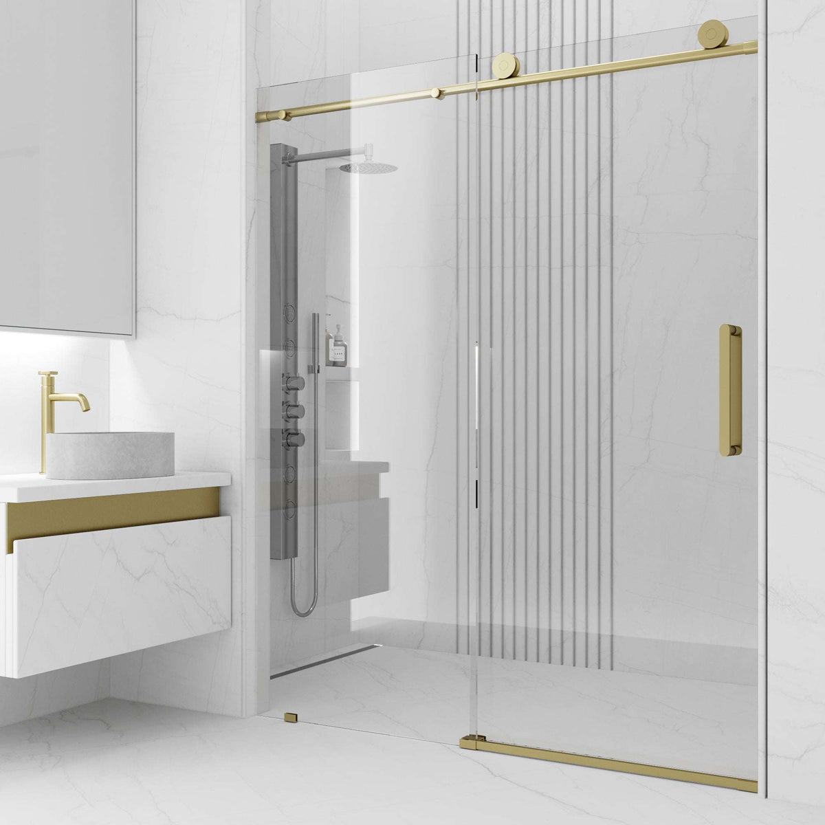 Matte gold frameless sliding shower door with tempered clear glass and VMotion technology