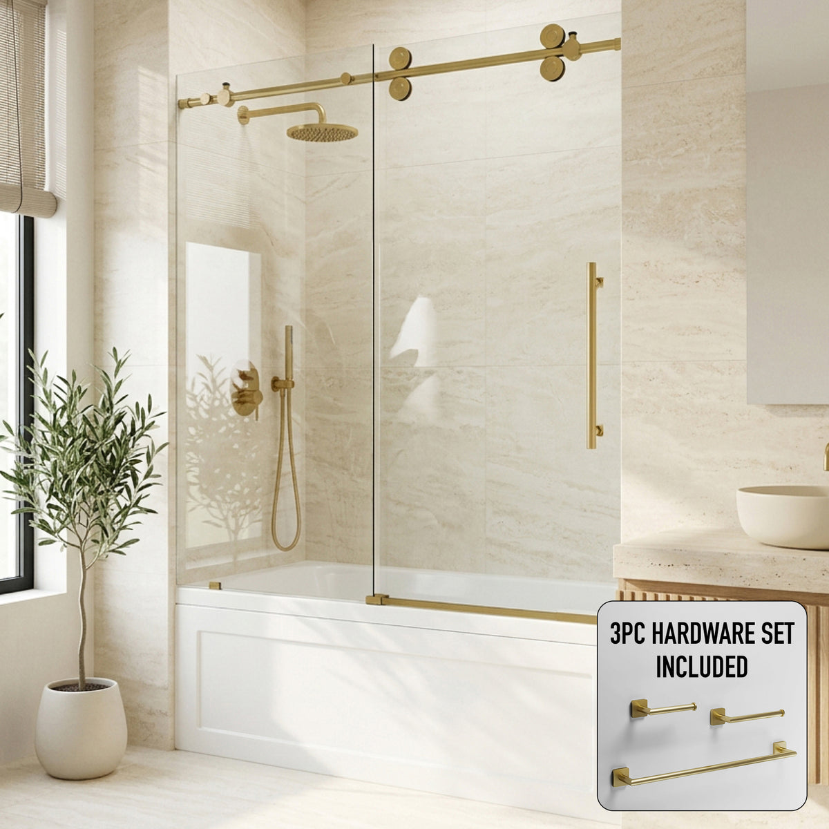 Elan 56-60 in. W x 66 in. H Frameless Sliding Tub Door in Matte Brushed Gold with 3/8 in. (10mm) ProtecGlass and Satro 3-Piece Bath Hardware Set