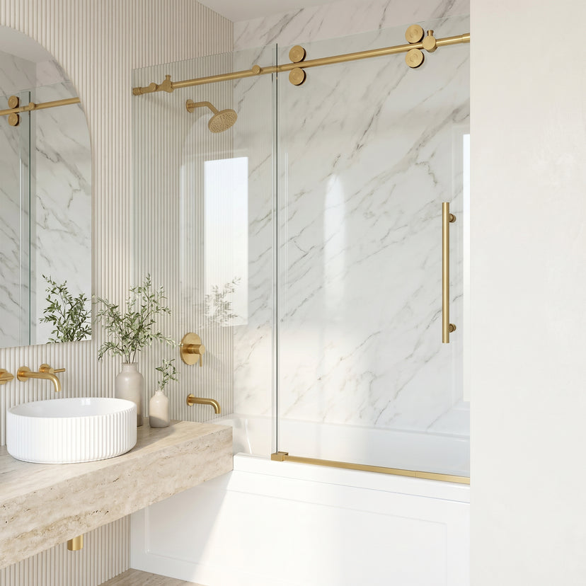 Elan 56-60 in. W x 66 in. H Frameless Sliding Tub Door in Matte Brushed Gold with 3/8 in. (10mm) ProtecGlass and Satro 3-Piece Bath Hardware Set