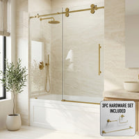 Elan 56-60 in. W x 66 in. H Frameless Sliding Tub Door in Matte Brushed Gold with 3/8 in. (10mm) ProtecGlass and Cass 3-Piece Bath Hardware Set