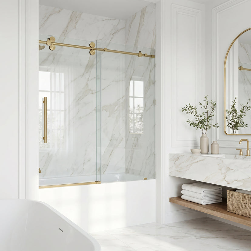 Elan 56-60 in. W x 66 in. H Frameless Sliding Tub Door in Matte Brushed Gold with 3/8 in. (10mm) ProtecGlass and Cass 3-Piece Bath Hardware Set