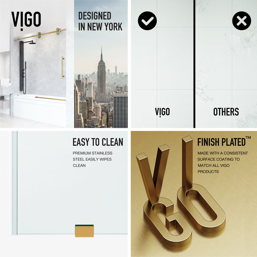 Elan 56-60 in. W x 66 in. H Frameless Sliding Tub Door in Matte Brushed Gold with 3/8 in. (10mm) ProtecGlass and Cass 3-Piece Bath Hardware Set
