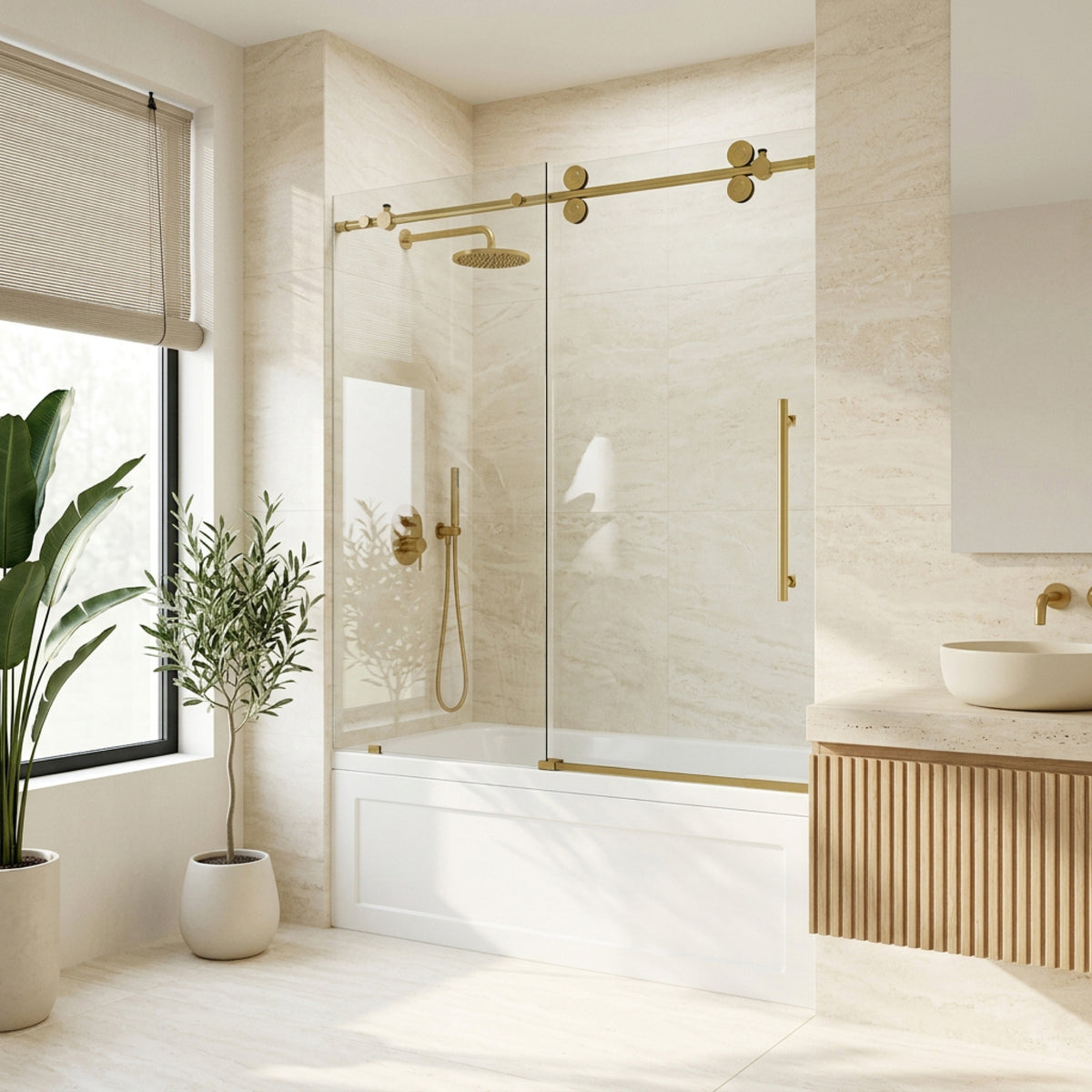 Elan 56-60 in. W x 66 in. H Frameless Sliding Tub Door in Matte Brushed Gold with 3/8 in. (10mm) ProtecGlass and Cass 4-Piece Bath Hardware Set