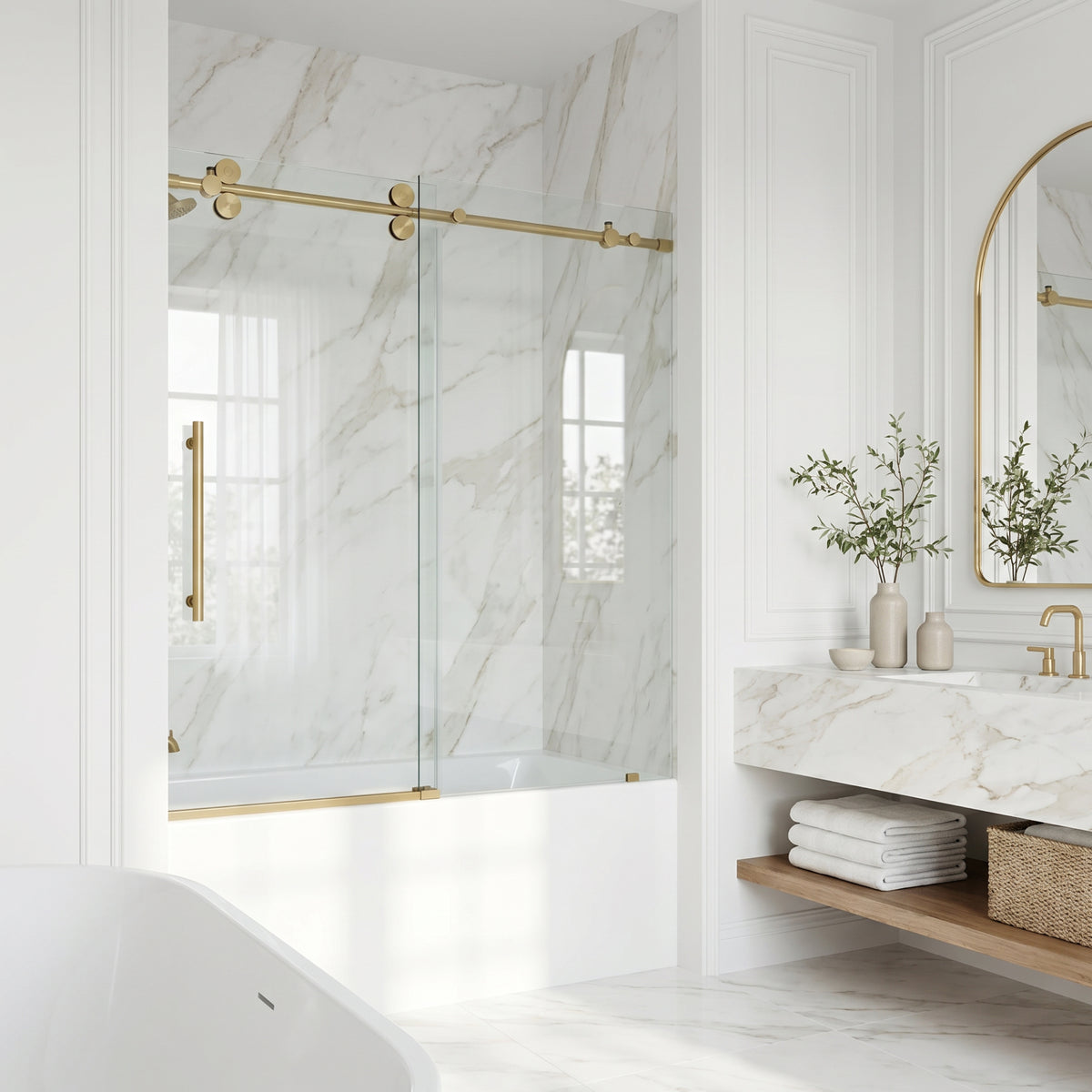 Elan 56-60 in. W x 66 in. H Frameless Sliding Tub Door in Matte Brushed Gold with 3/8 in. (10mm) ProtecGlass and Cass 4-Piece Bath Hardware Set