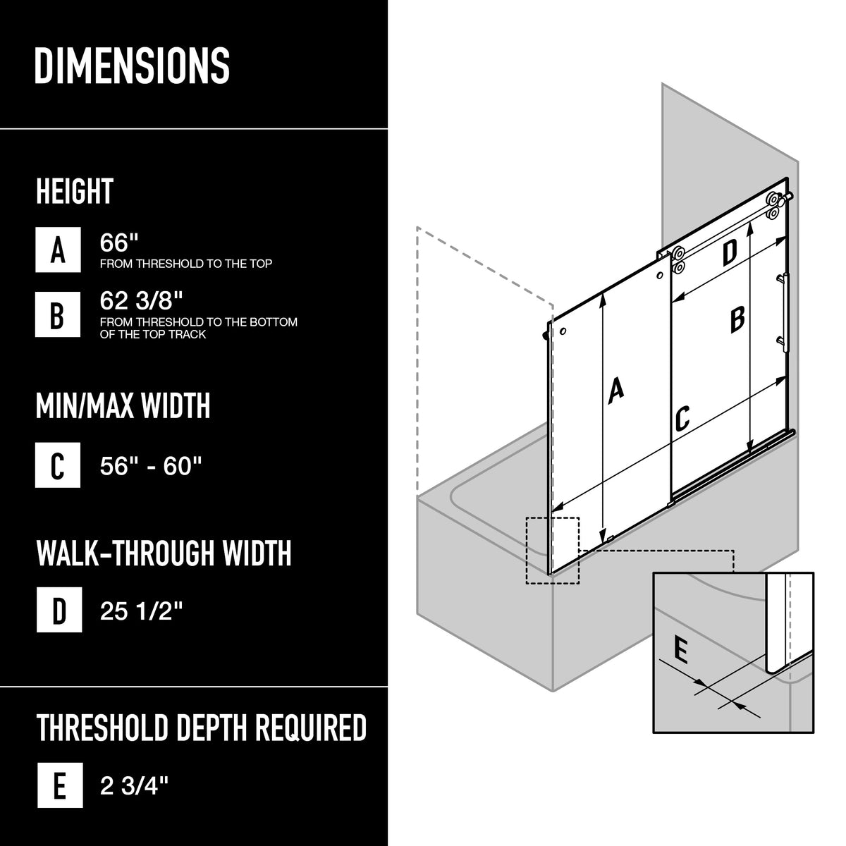 Elan 56-60 in. W x 66 in. H Frameless Sliding Tub Door in Matte Brushed Gold with 3/8 in. (10mm) ProtecGlass and Cass 4-Piece Bath Hardware Set