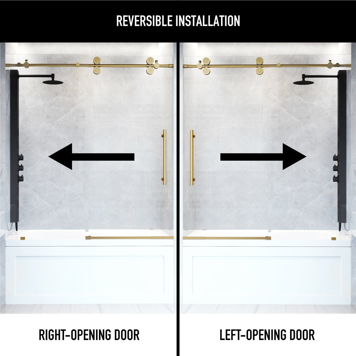 Elan 56-60 in. W x 66 in. H Frameless Sliding Tub Door in Matte Brushed Gold with 3/8 in. (10mm) ProtecGlass and Cass 4-Piece Bath Hardware Set