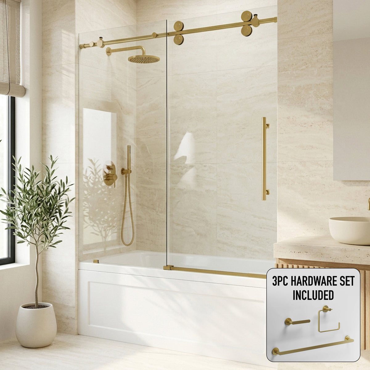 Elan 56-60 in. W x 66 in. H Frameless Sliding Tub Door in Matte Brushed Gold with 3/8 in. (10mm) ProtecGlass and Arden 3-Piece Bath Hardware Set