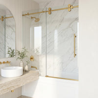 Elan 56-60 in. W x 66 in. H Frameless Sliding Tub Door in Matte Brushed Gold with 3/8 in. (10mm) ProtecGlass and Arden 3-Piece Bath Hardware Set