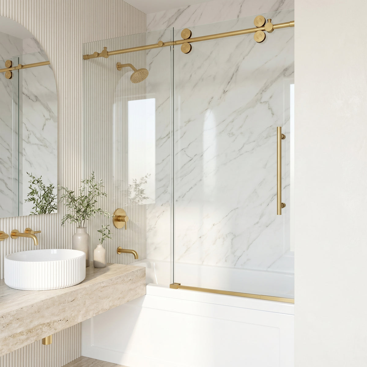 Elan 56-60 in. W x 66 in. H Frameless Sliding Tub Door in Matte Brushed Gold with 3/8 in. (10mm) ProtecGlass and Arden 3-Piece Bath Hardware Set