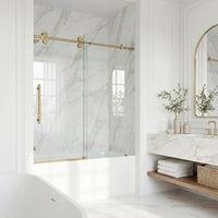 Elan 56-60 in. W x 66 in. H Frameless Sliding Tub Door in Matte Brushed Gold with 3/8 in. (10mm) ProtecGlass and Arden 3-Piece Bath Hardware Set