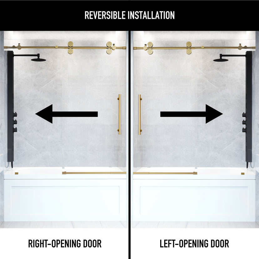 Elan 56-60 in. W x 66 in. H Frameless Sliding Tub Door in Matte Brushed Gold with 3/8 in. (10mm) ProtecGlass and Arden 3-Piece Bath Hardware Set