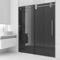 Stainless steel frameless sliding shower door with black tint glass, 56 to 60 in. width