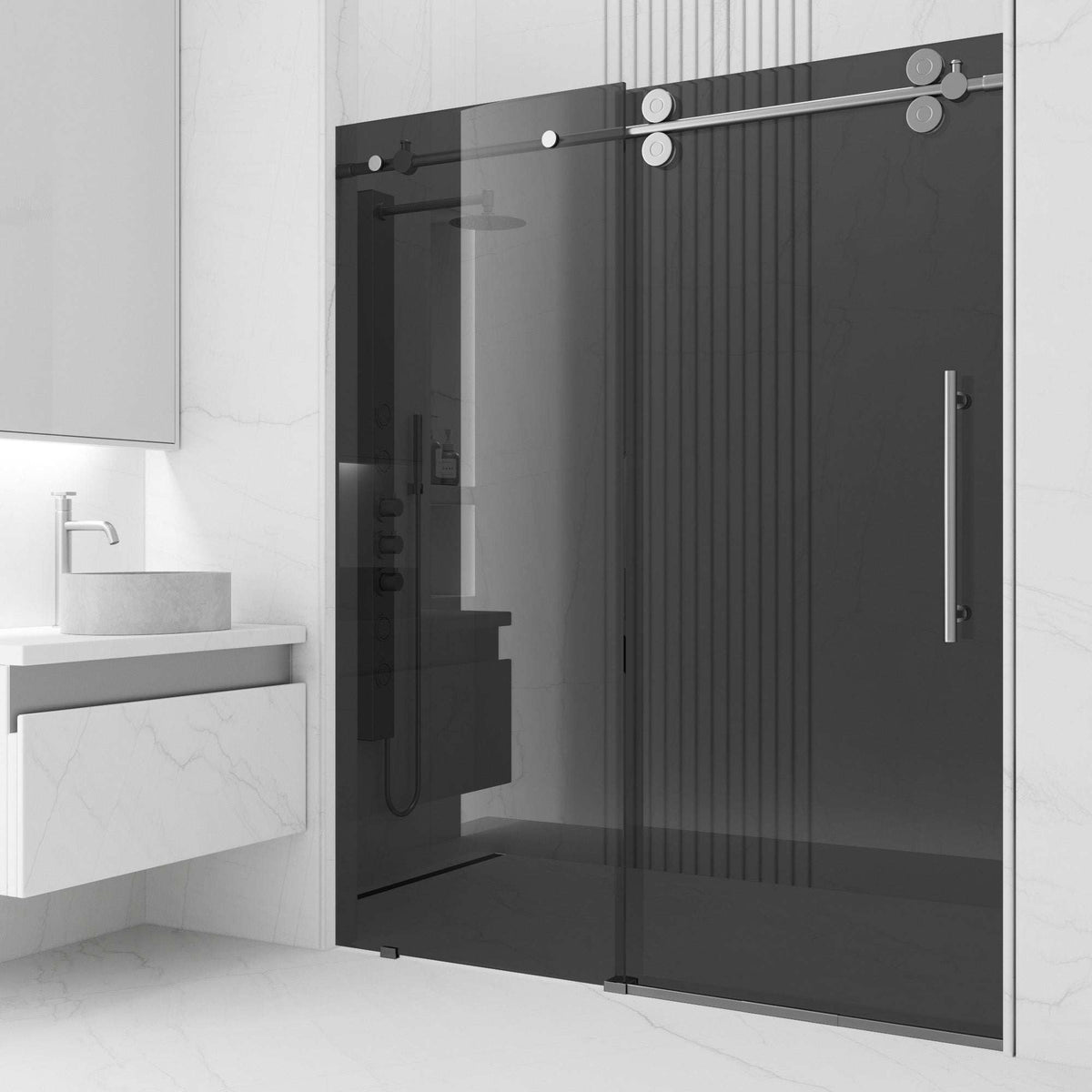 Stainless steel frameless sliding shower door with black tint glass, 56 to 60 in. width