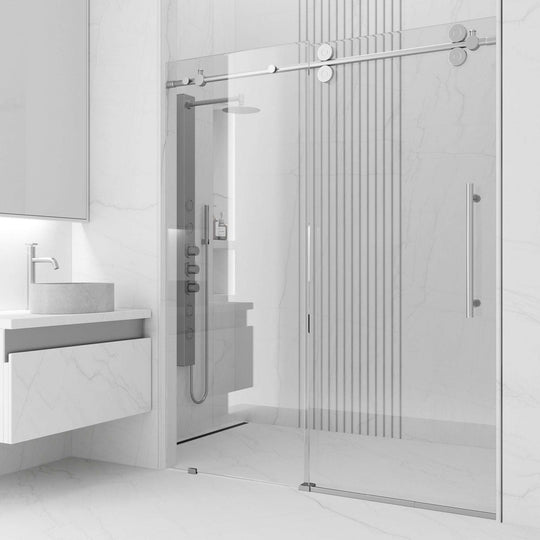 Stainless steel frameless sliding shower door with clear tempered glass, 44 to 48 in. width