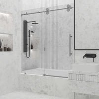 Modern sliding shower door with exposed rollers and cool touch design