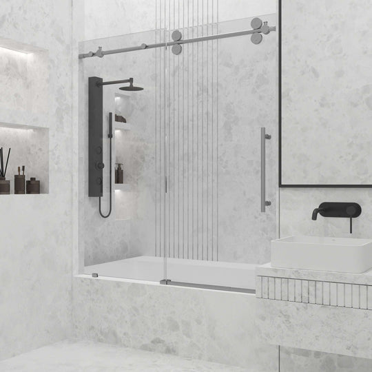 Modern sliding shower door with exposed rollers and cool touch design