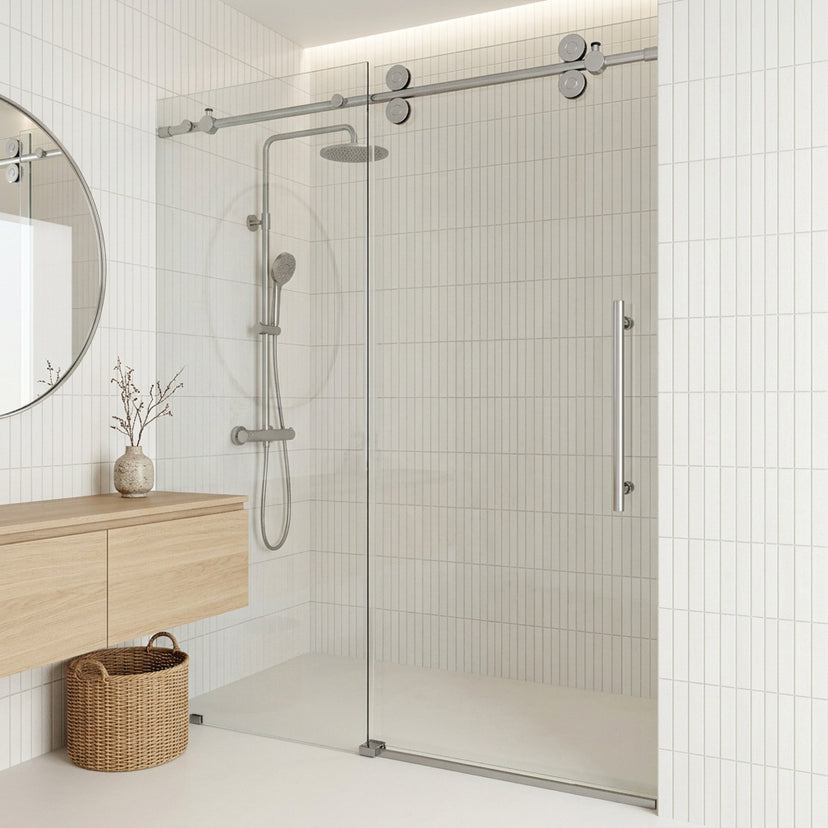 Elan 56 to 60 in. W X 74 in. H Frameless Sliding Shower Door 3/8" Clear Glass in Stainless Steel with Elan 4 in. Square Shower Drain in Brushed Nickel