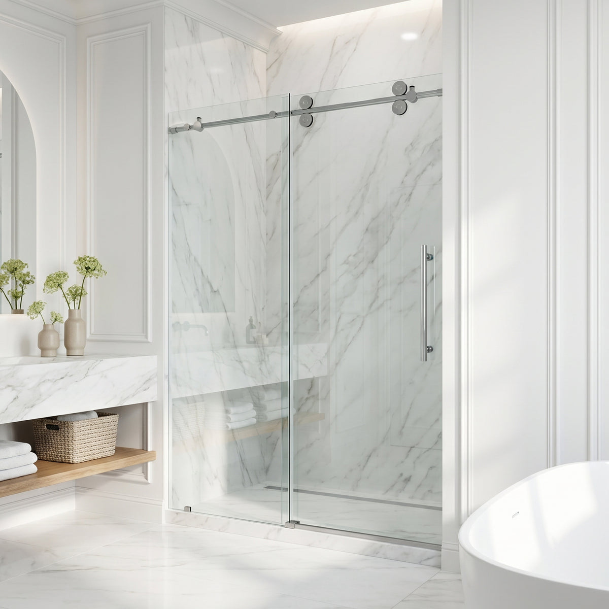 Elan 56 to 60 in. W X 74 in. H Frameless Sliding Shower Door 3/8" Clear Glass in Stainless Steel with Elan 4 in. Square Shower Drain in Brushed Nickel
