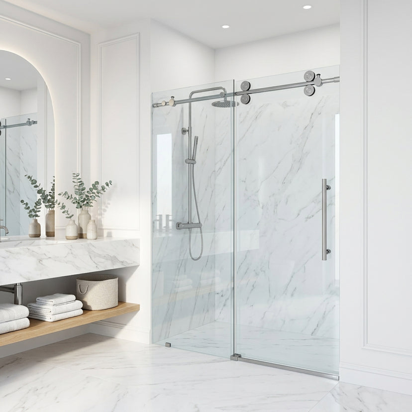 Elan 56 to 60 in. W X 74 in. H Frameless Sliding Shower Door 3/8" Clear Glass in Stainless Steel with Elan 4 in. Square Shower Drain in Brushed Nickel