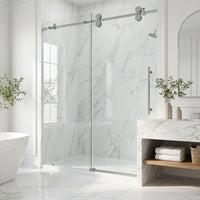 Elan 56 to 60 in. W X 74 in. H Frameless Sliding Shower Door 3/8" Clear Glass in Stainless Steel with Elan 4 in. Square Shower Drain in Brushed Nickel
