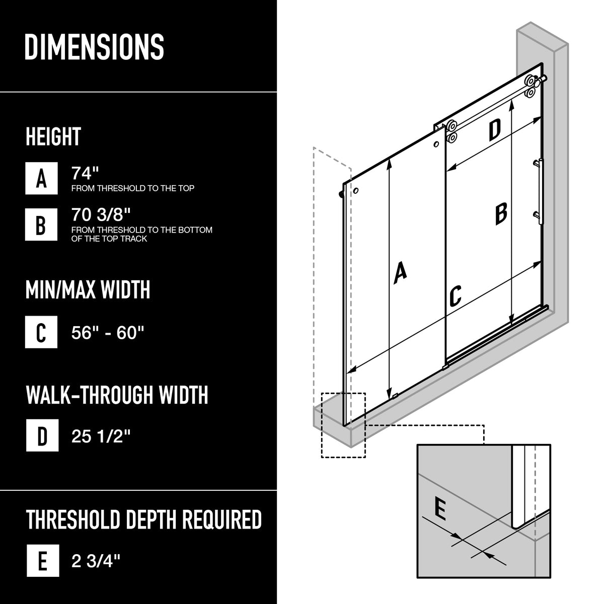 Elan 56 to 60 in. W X 74 in. H Frameless Sliding Shower Door 3/8" Clear Glass in Stainless Steel with Elan 4 in. Square Shower Drain in Brushed Nickel