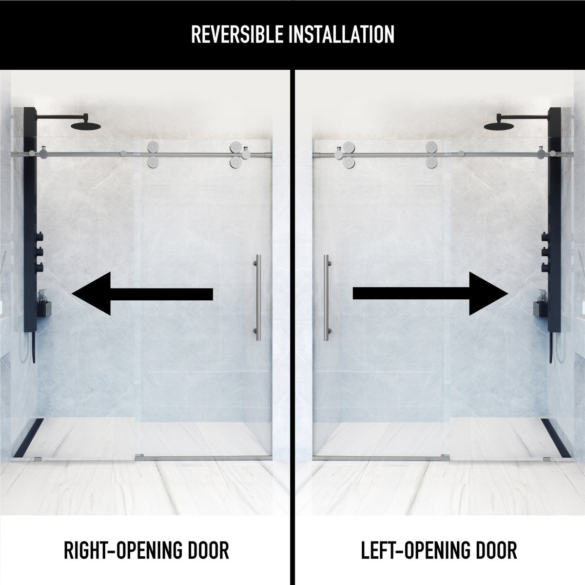 Elan 56 to 60 in. W X 74 in. H Frameless Sliding Shower Door 3/8" Clear Glass in Stainless Steel with Elan 4 in. Square Shower Drain in Brushed Nickel