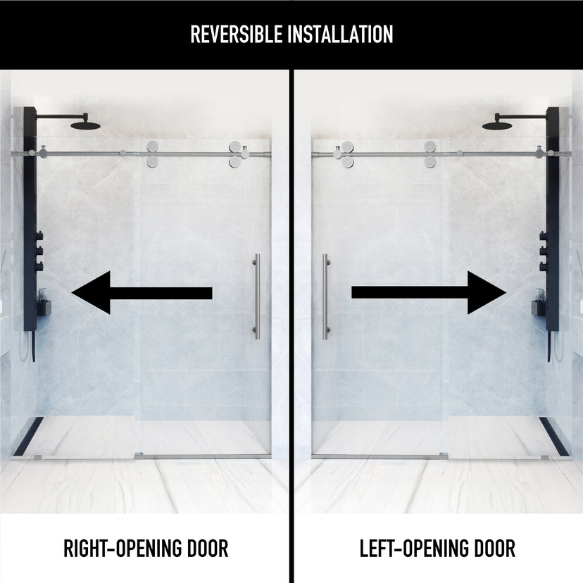 Elan 56 to 60 in. W X 74 in. H Frameless Sliding Shower Door 3/8" Clear Glass in Stainless Steel with Elan 4 in. Square Shower Drain in Brushed Nickel