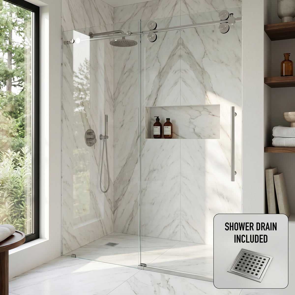 Elan 56 to 60 in. W X 74 in. H Frameless Sliding Shower Door 3/8" Clear Glass in Stainless Steel with Elan 4 in. Square Shower Drain in Brushed Nickel