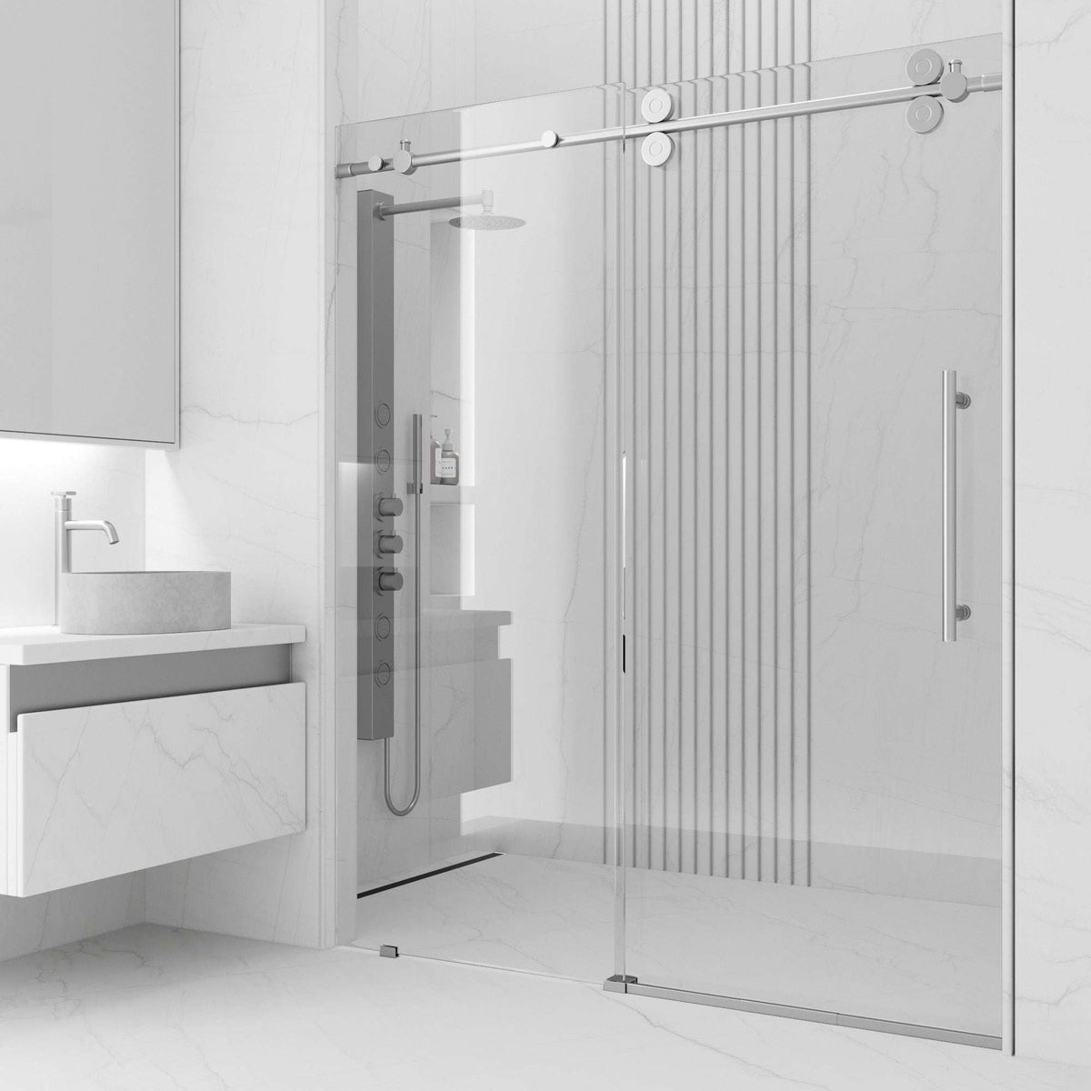 Stainless steel frameless sliding shower door with clear tempered glass, 68 to 72 in. width