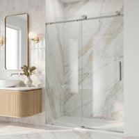 Elan 56 to 60 in. W X 76 in. H Frameless Sliding Shower Door 3/8" Clear Glass in Stainless Steel with Elan 4 in. Square Shower Drain in Brushed Nickel