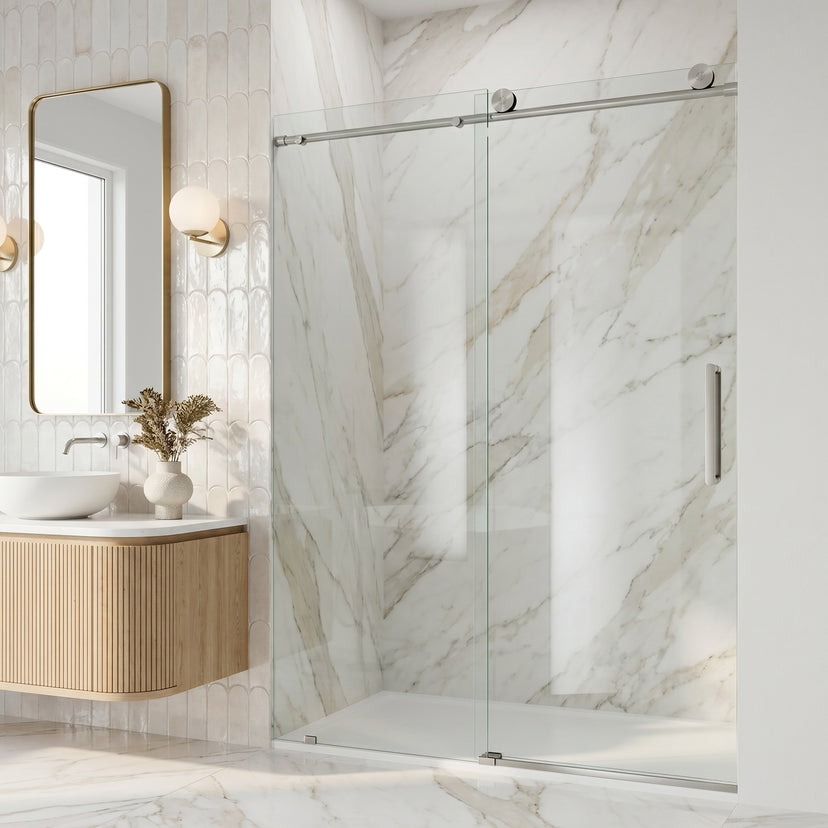 Elan 56 to 60 in. W X 76 in. H Frameless Sliding Shower Door 3/8" Clear Glass in Stainless Steel with Elan 4 in. Square Shower Drain in Brushed Nickel