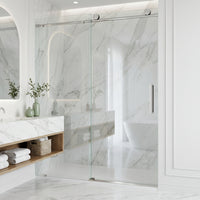 Elan 56 to 60 in. W X 76 in. H Frameless Sliding Shower Door 3/8" Clear Glass in Stainless Steel with Elan 4 in. Square Shower Drain in Brushed Nickel