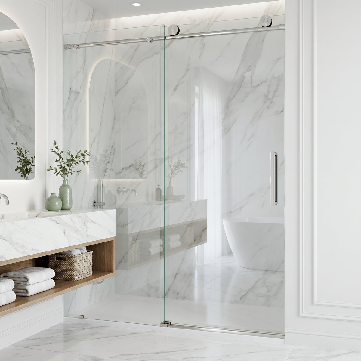 Elan 56 to 60 in. W X 76 in. H Frameless Sliding Shower Door 3/8" Clear Glass in Stainless Steel with Elan 4 in. Square Shower Drain in Brushed Nickel