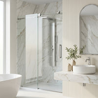 Elan 56 to 60 in. W X 76 in. H Frameless Sliding Shower Door 3/8" Clear Glass in Stainless Steel with Elan 4 in. Square Shower Drain in Brushed Nickel