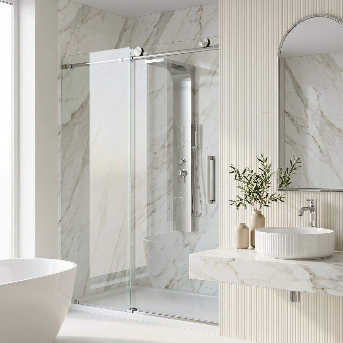 Elan 56 to 60 in. W X 76 in. H Frameless Sliding Shower Door 3/8" Clear Glass in Stainless Steel with Elan 4 in. Square Shower Drain in Brushed Nickel